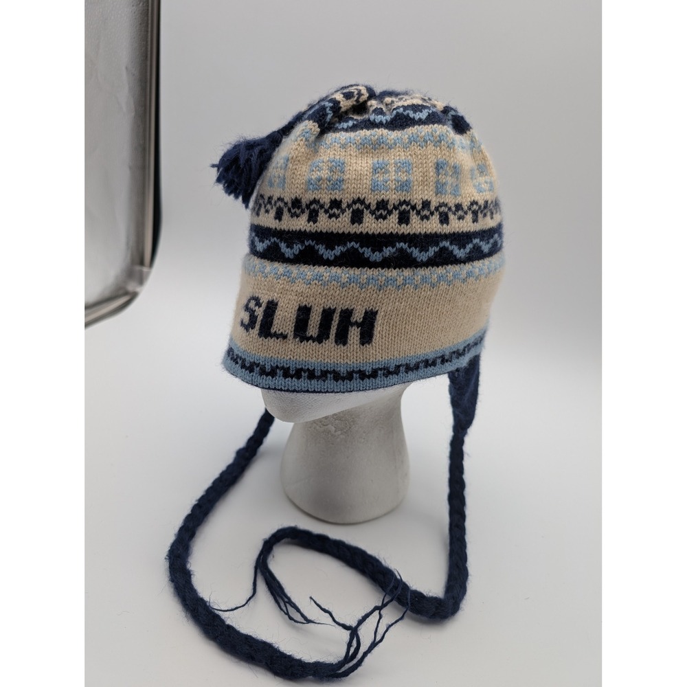 Vermont Originals SLUH Wool Knit Earflap Beanie Blue Cream Fair Isle USA Made